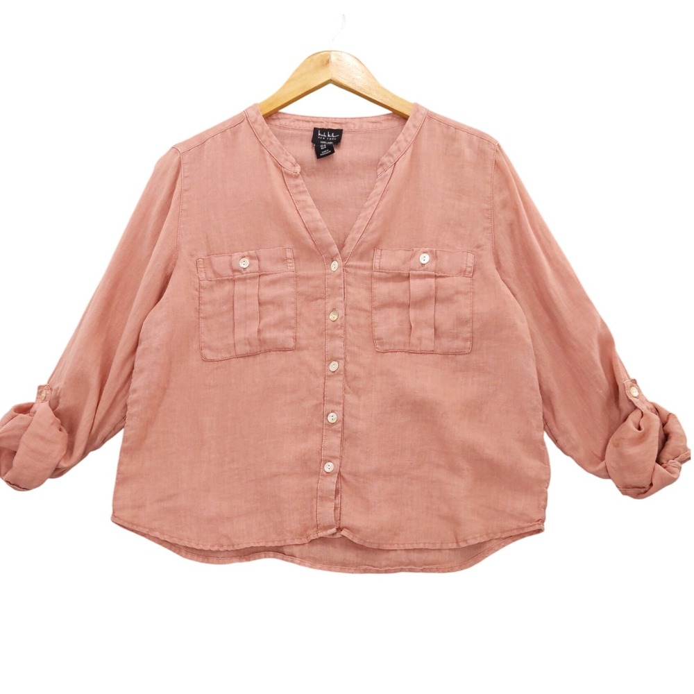 Nicole Miller New York Linen Button Down Shirt Roll Tab Sleeve Top Sz M